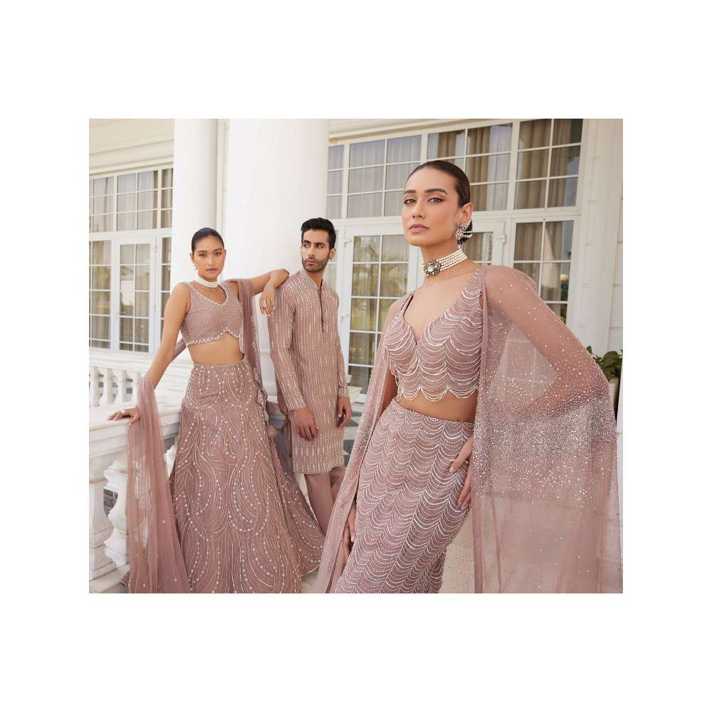 CHARU AND VASUNDHARA Selah Salmon Pink Classic Skirt with Blouse & Dupatta (Set of 3)