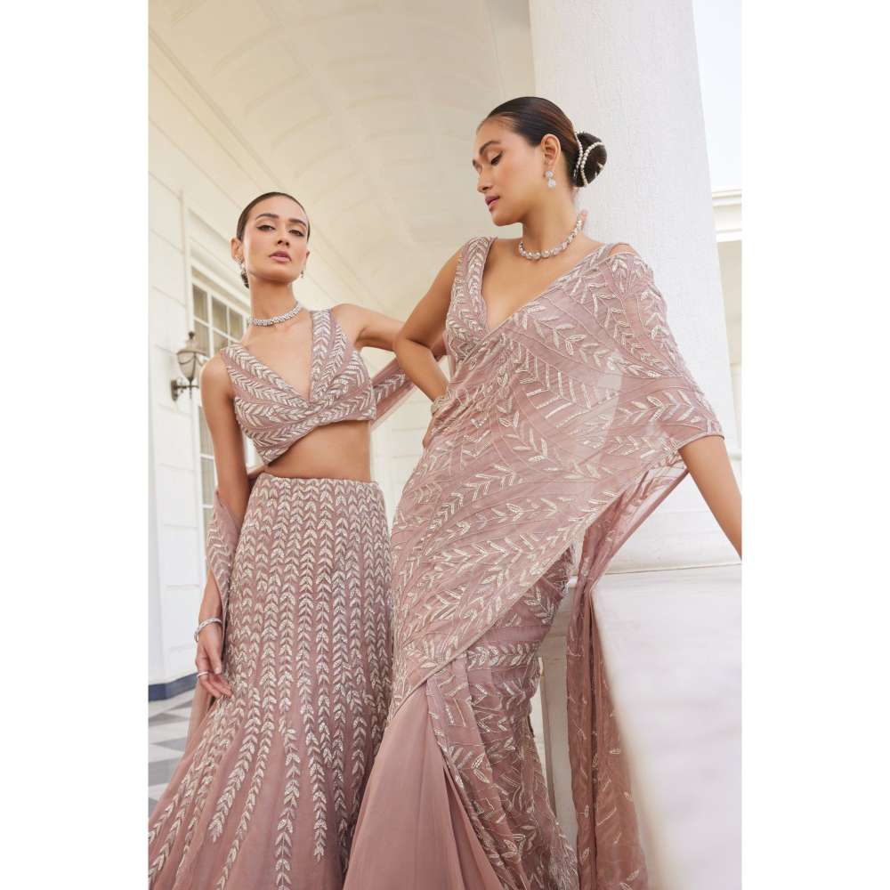 CHARU AND VASUNDHARA Sasha Salmon Pink Classic Skirt with Blouse & Dupatta (Set of 3)