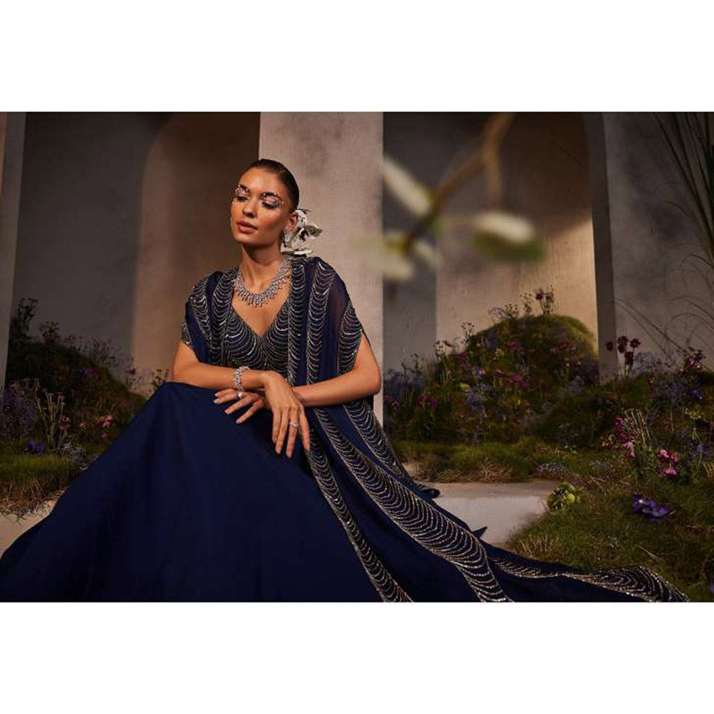 CHARU AND VASUNDHARA Leia Electric Navy Blue Ethnic Skirt with Bustier & Cape (Set of 3)