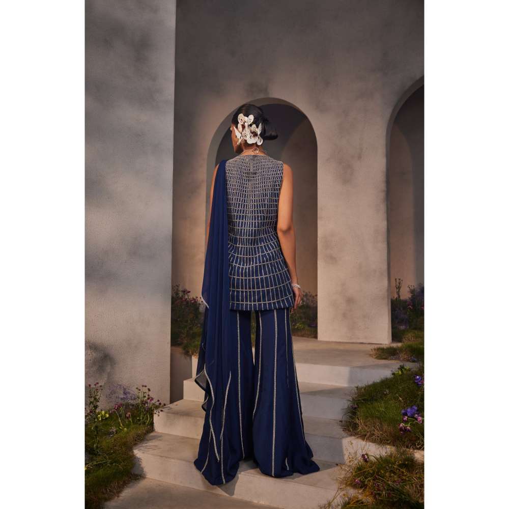 CHARU AND VASUNDHARA Lia Electric Navy Blue Kurti with Sharara & Dupatta (Set of 3)