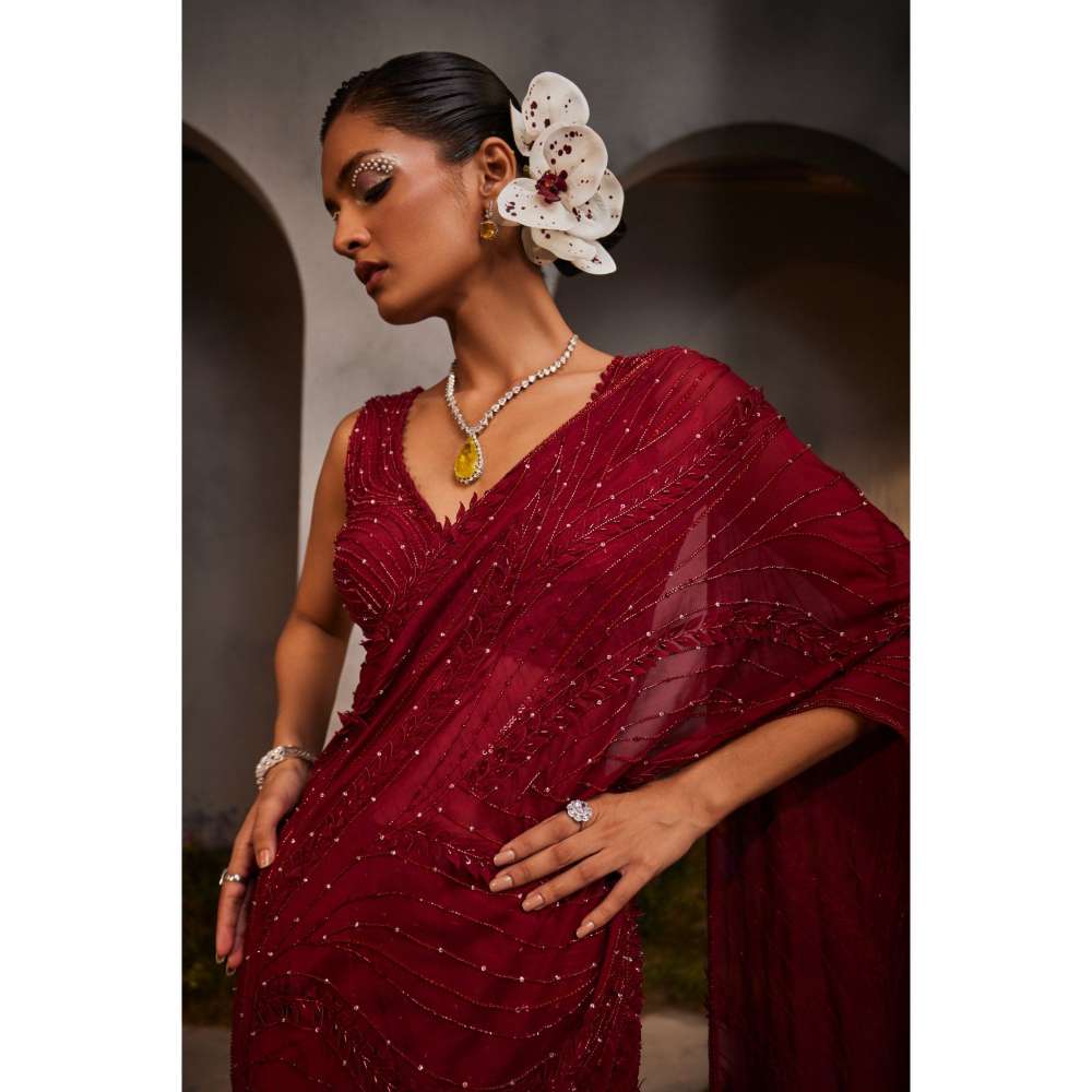 CHARU AND VASUNDHARA Lydia Maroon Embellished Lehenga Saree with Stitched Blouse