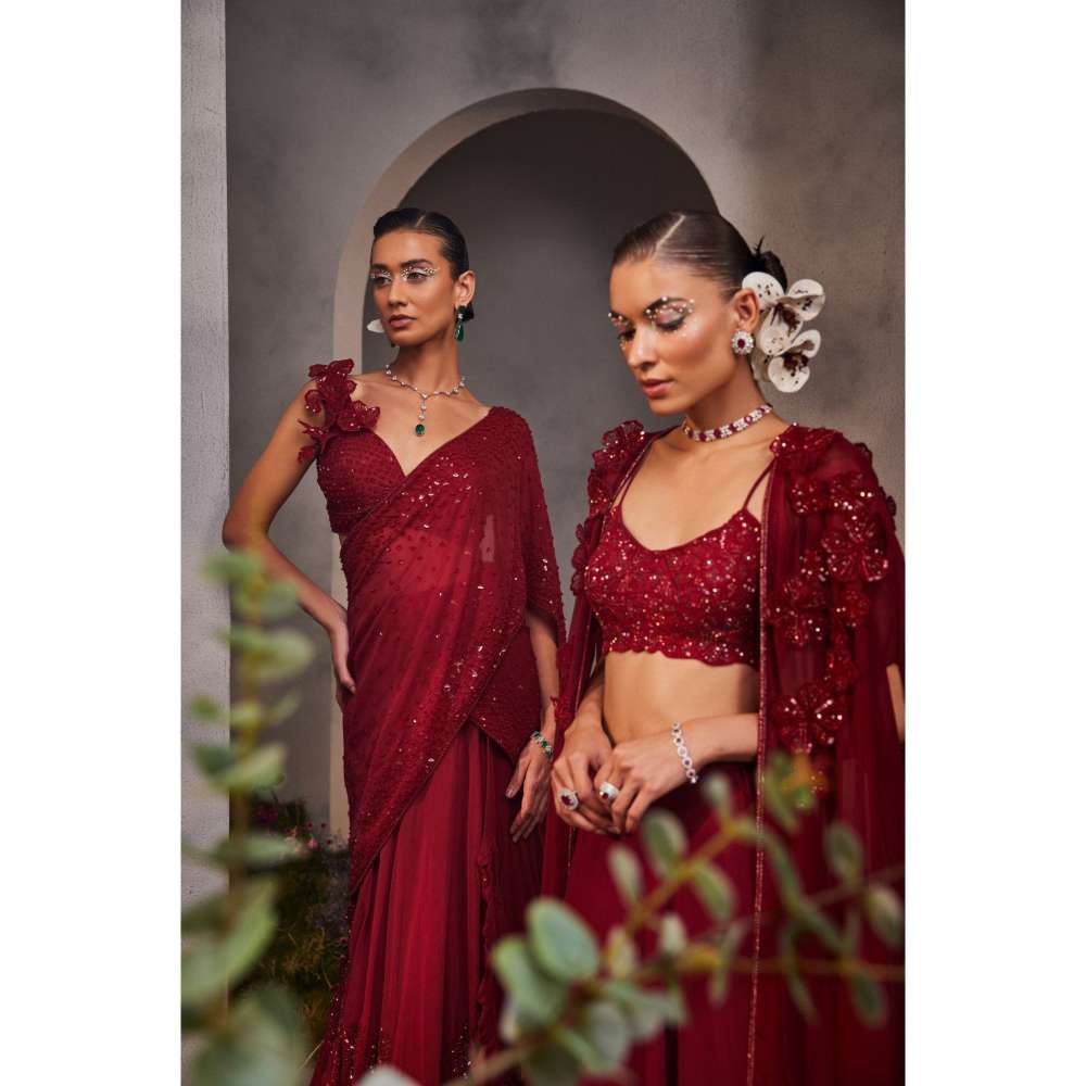 CHARU AND VASUNDHARA Leilani Maroon Embroidered Pre-Draped Saree with Stitched Blouse & Palla