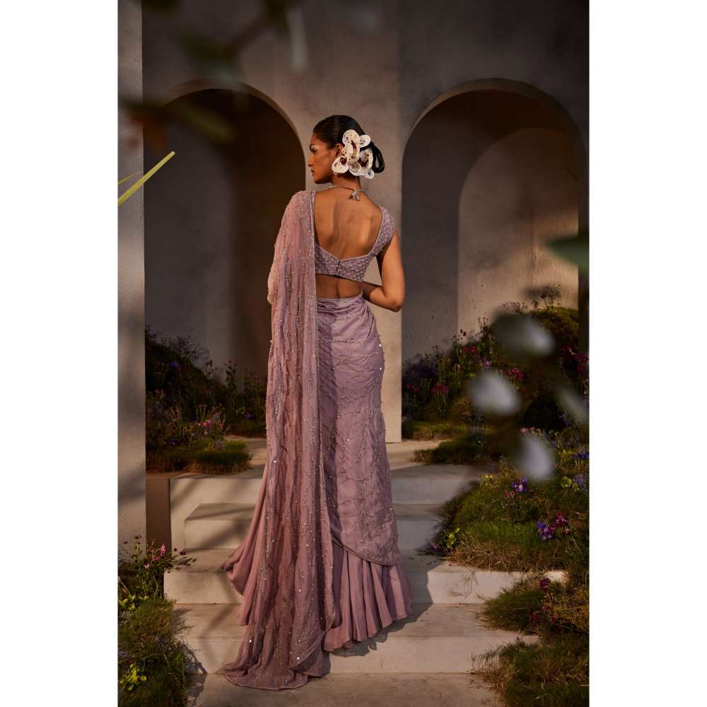 CHARU AND VASUNDHARA Liah Lavender Embellished Lehenga Saree with Stitched Blouse
