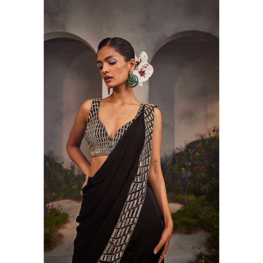 CHARU AND VASUNDHARA Lacey Black Embroidered Pre-Draped Saree with Stitched Blouse & Palla