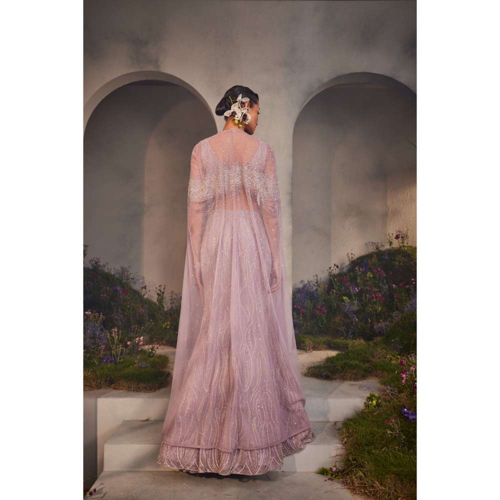 CHARU AND VASUNDHARA Lesly Lavender Classic Lehenga & Blouse with Attached Cape (Set of 2)