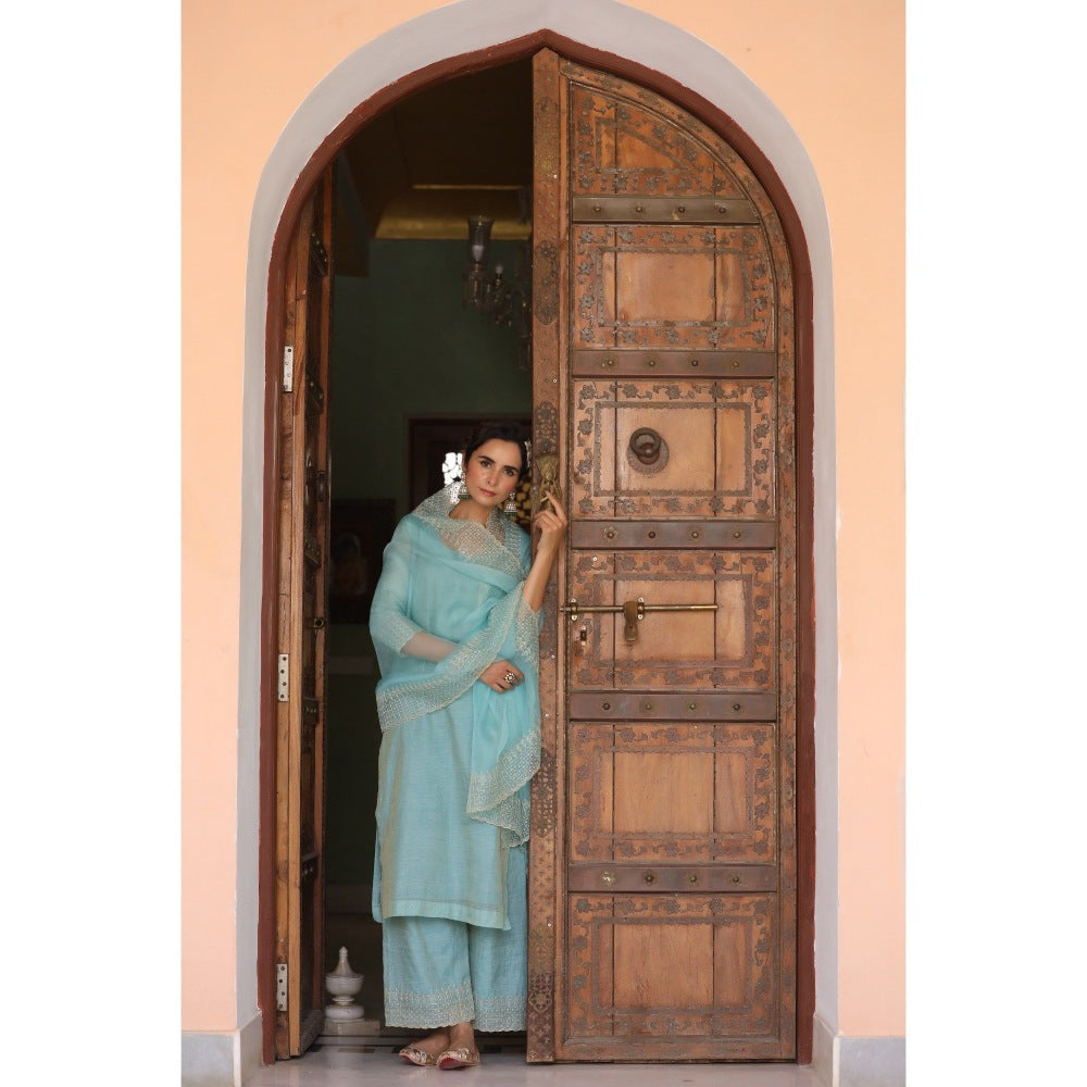 CHARU MAKKAR Blue Green Kurta with Palazzo & Dupatta (Set of 3)