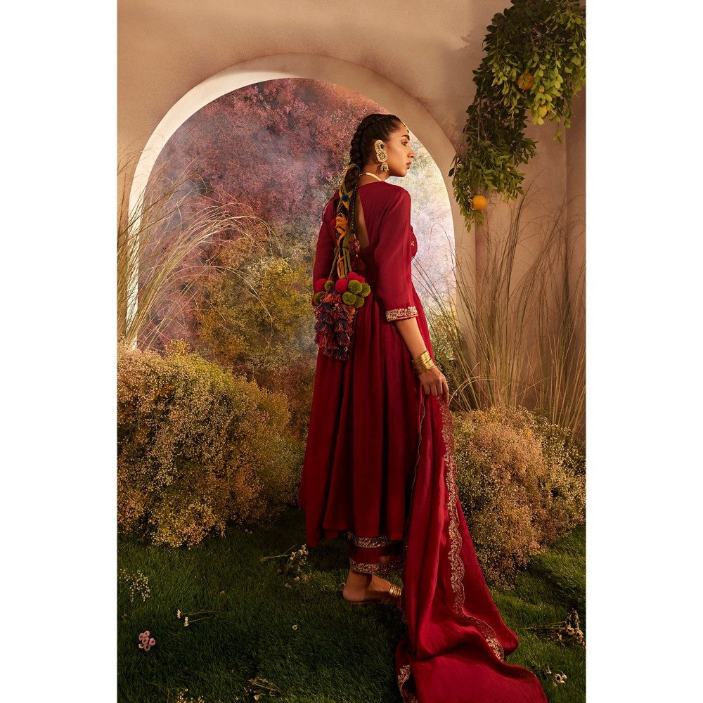 CHARU MAKKAR Maroon Anarkali Kurta with Palazzo & Dupatta (Set of 3)