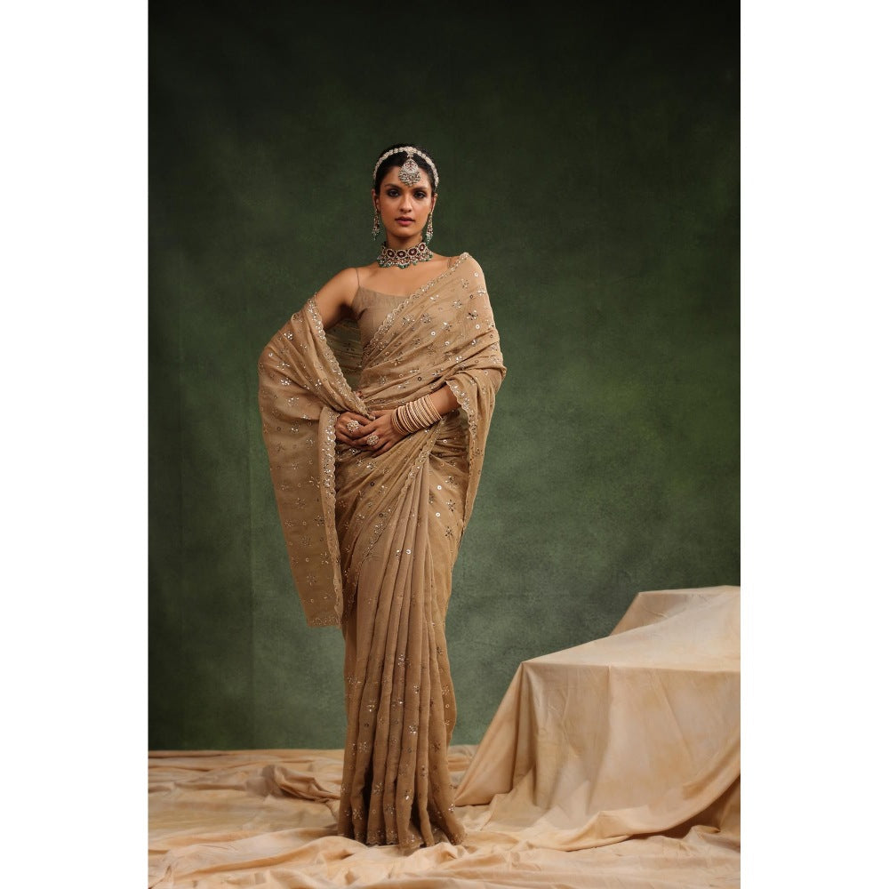 CHARU MAKKAR Beige Nutmeg Embellished Saree with Unstitched Blouse
