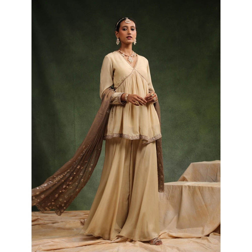 CHARU MAKKAR Taupe Sharara with Kurta and Dupatta (Set of 3)