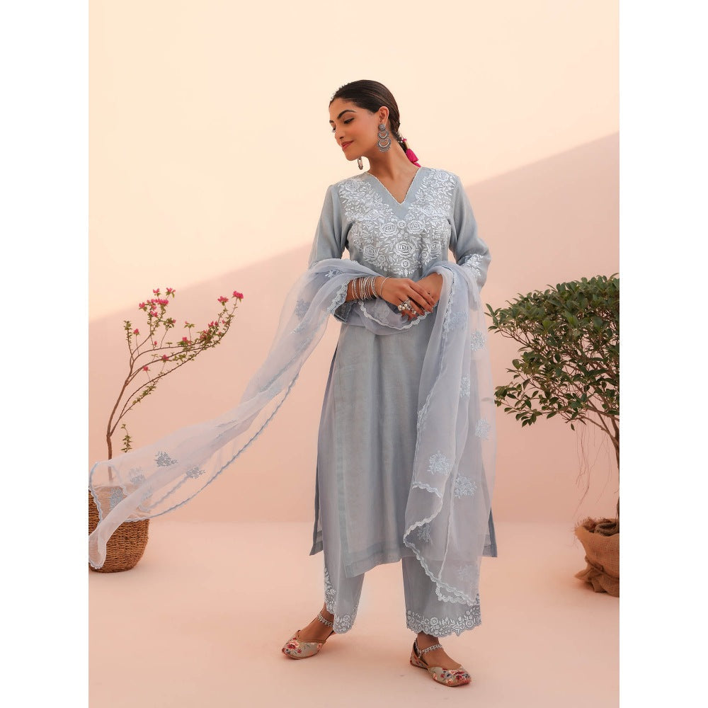CHARU MAKKAR Blue Kurta with Palazzo and Dupatta (Set of 3)