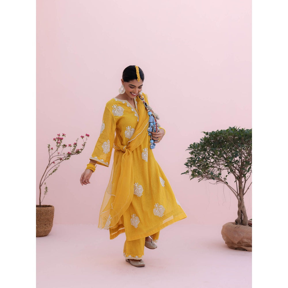 CHARU MAKKAR Mustard Yellow Kurta with Palazzo and Dupatta (Set of 3)