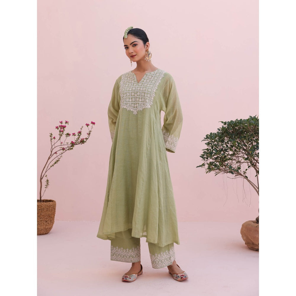 CHARU MAKKAR Kiara Elaichi Green Kurta with Palazzo (Set of 2)