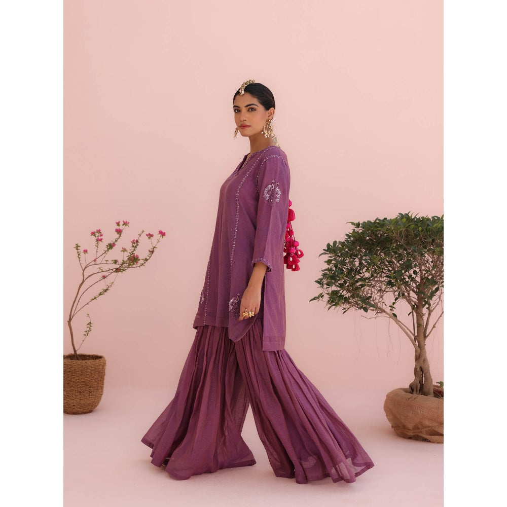 CHARU MAKKAR Purple Kurti with Sharara and Dupatta (Set of 3)
