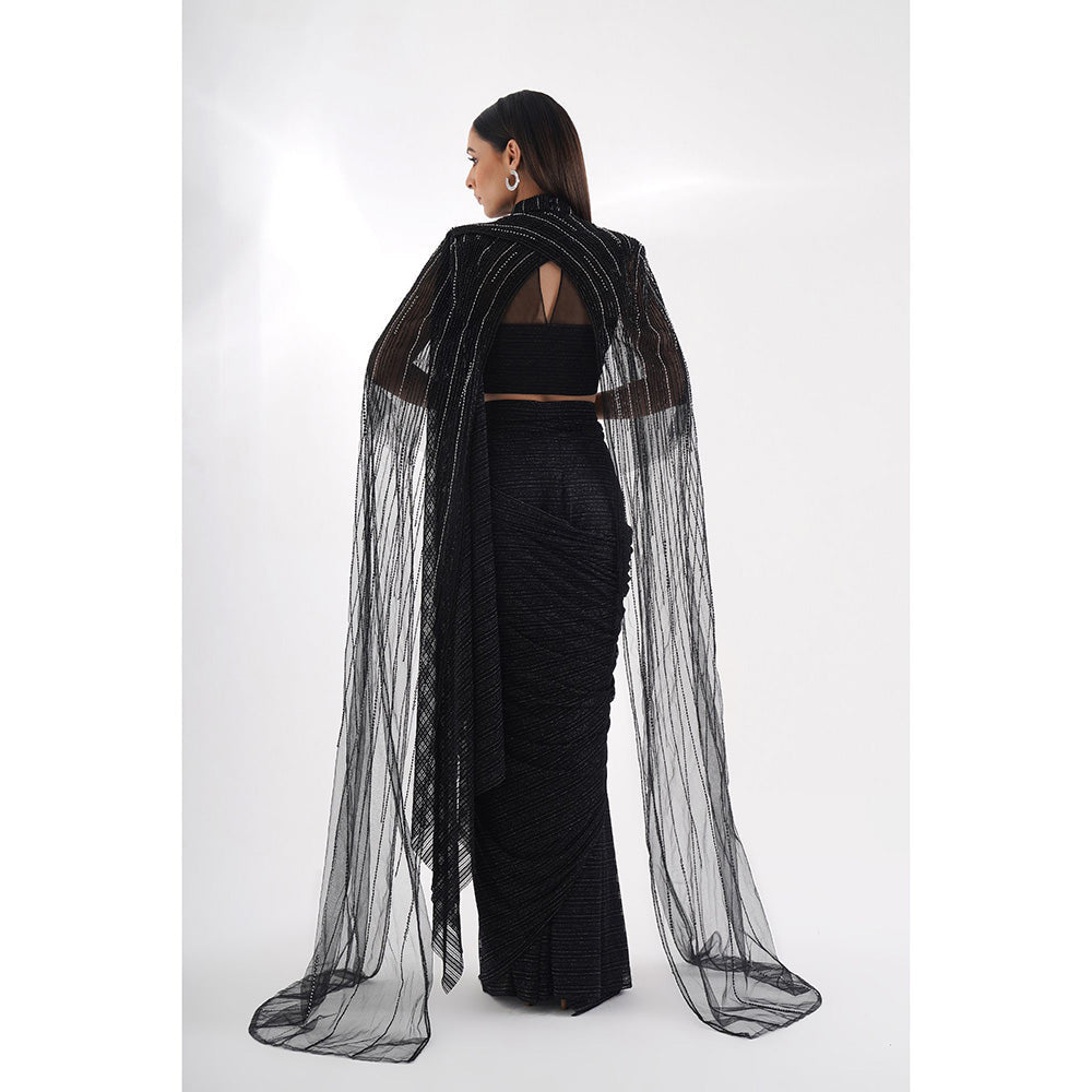 CHAASHNI BY MAANSI & KETAN Black Embellished Cape Style Drape Saree with Stitched Blouse