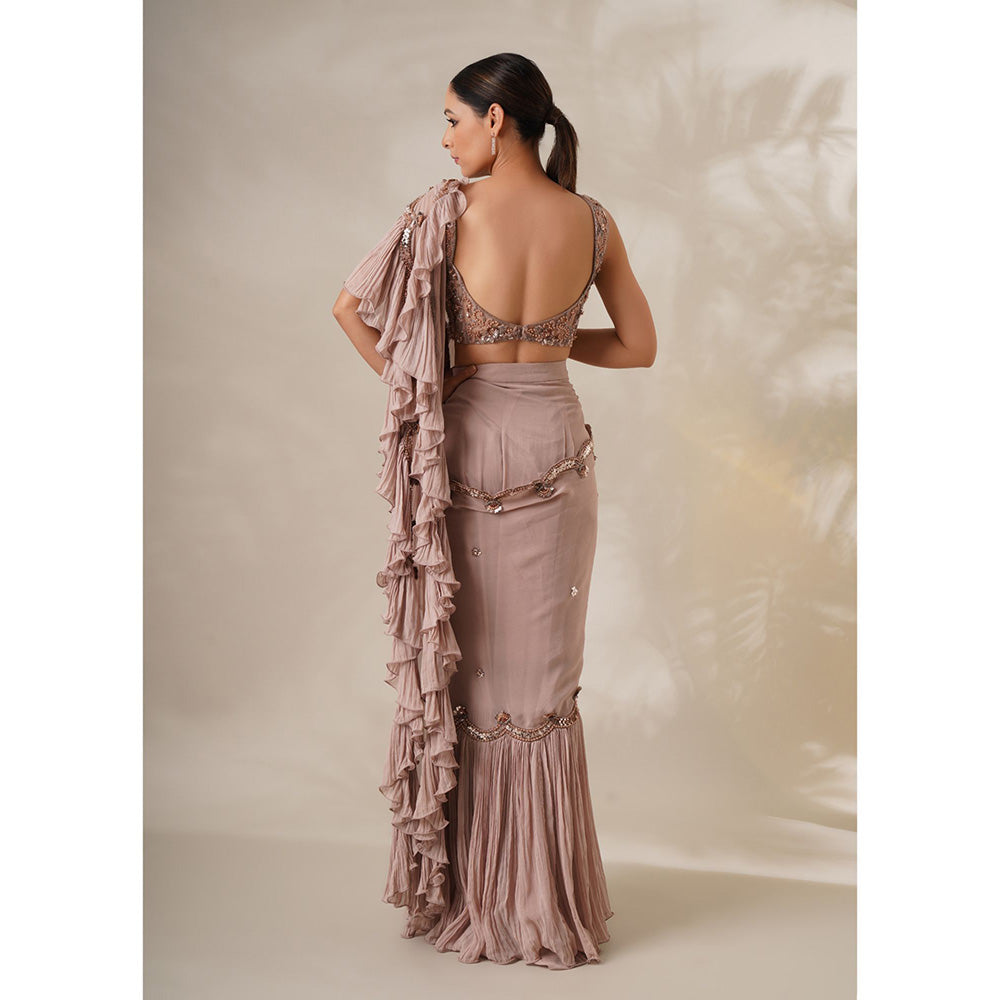 CHAASHNI BY MAANSI & KETAN Champagne Embellished Pre-Drape Saree with Stitched Blouse