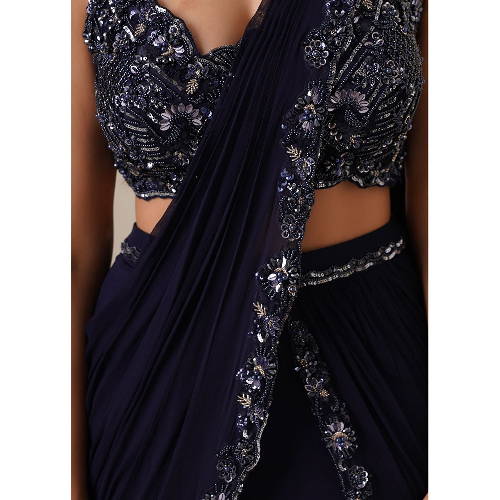 CHAASHNI BY MAANSI & KETAN Navy Blue Embellished Pre-Drape Saree with Stitched Blouse