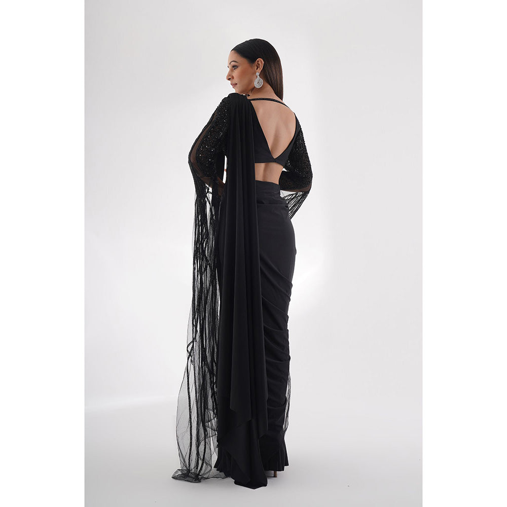 CHAASHNI BY MAANSI & KETAN Black Embellished Pre-Drape Saree with Stitched Blouse