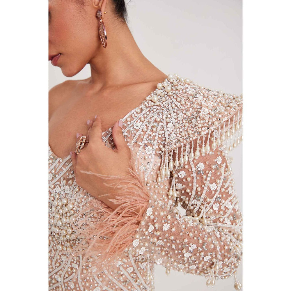 CHAASHNI BY MAANSI & KETAN Nude Glitter Net and Fur Gown