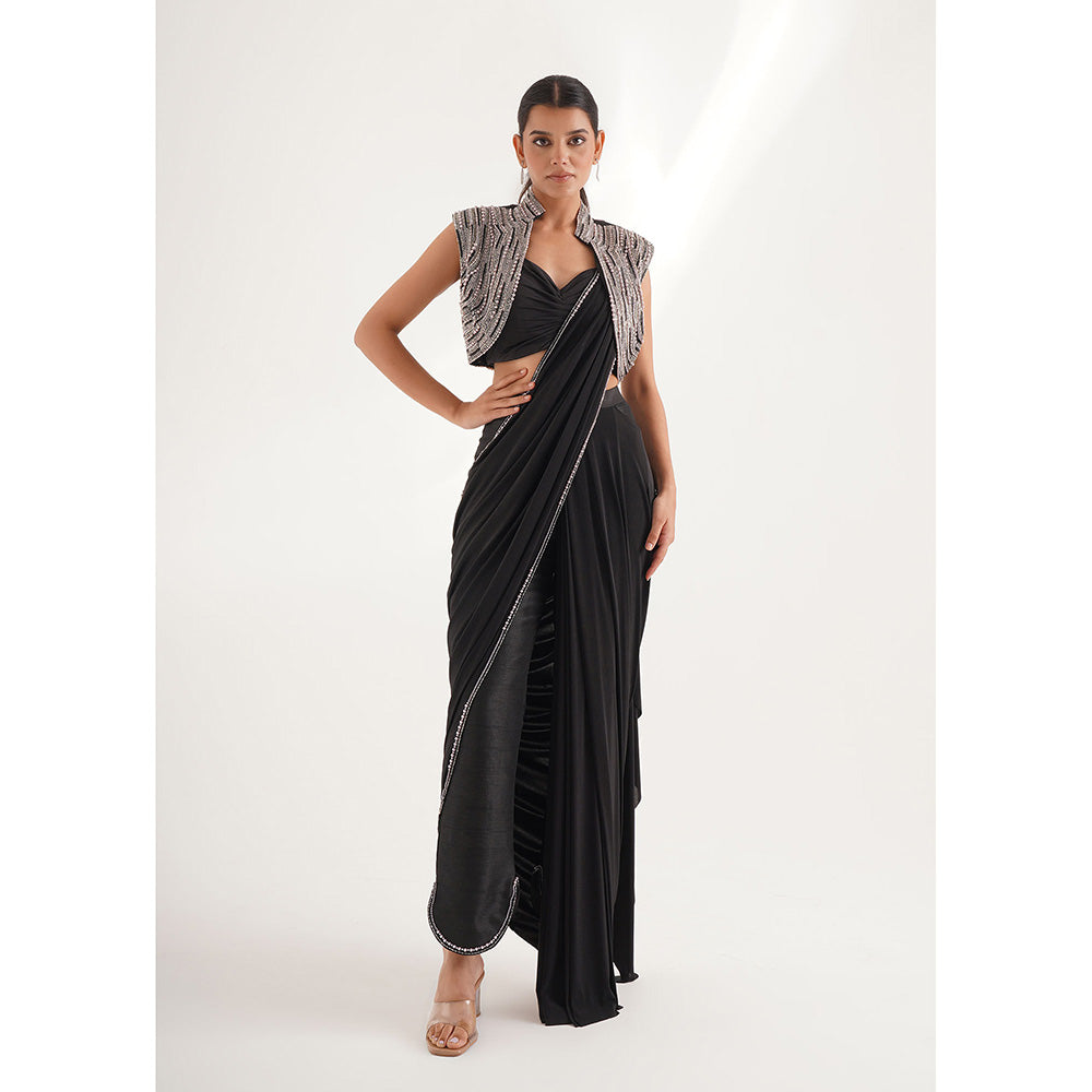 CHAASHNI BY MAANSI & KETAN Black Pre-Draped Saree with Stitched Blouse and Jacket