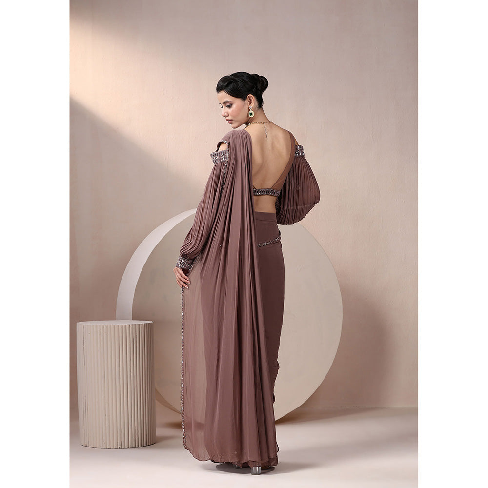 CHAASHNI BY MAANSI & KETAN Brown Sequinned Georgette Pre-Draped Saree with Stitched Blouse