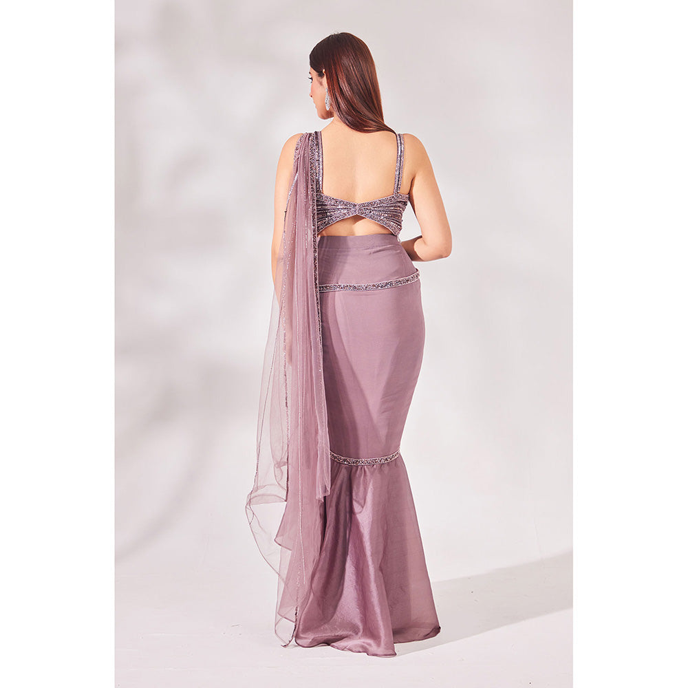 CHAASHNI BY MAANSI & KETAN Lavender Satin Organza Pre-Draped Saree with Stitched Blouse
