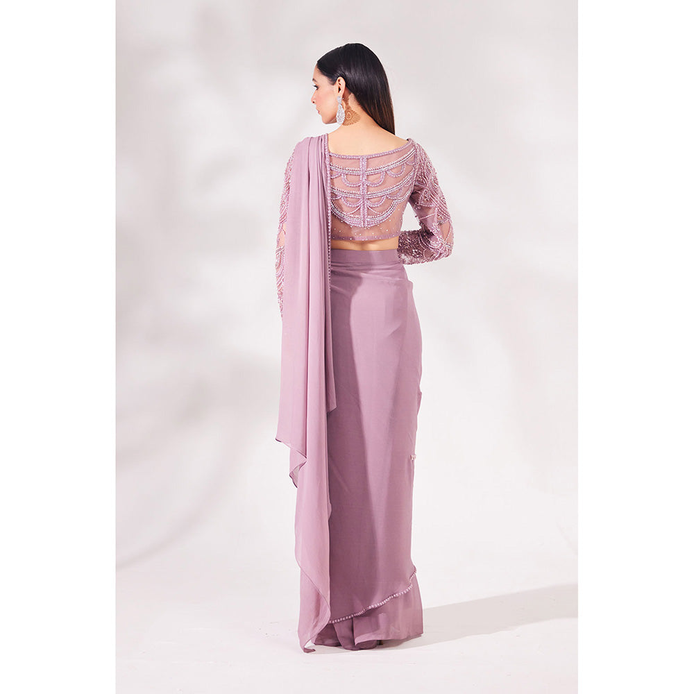 CHAASHNI BY MAANSI & KETAN Lavender Georgette Pre-Draped Saree with Stitched Blouse