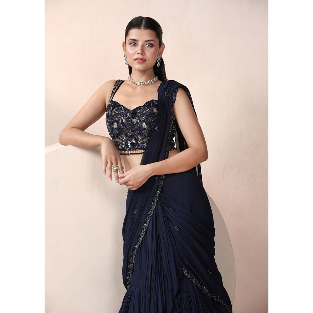 CHAASHNI BY MAANSI & KETAN Navy Blue Sequined Lehenga Saree with Stitched Blouse