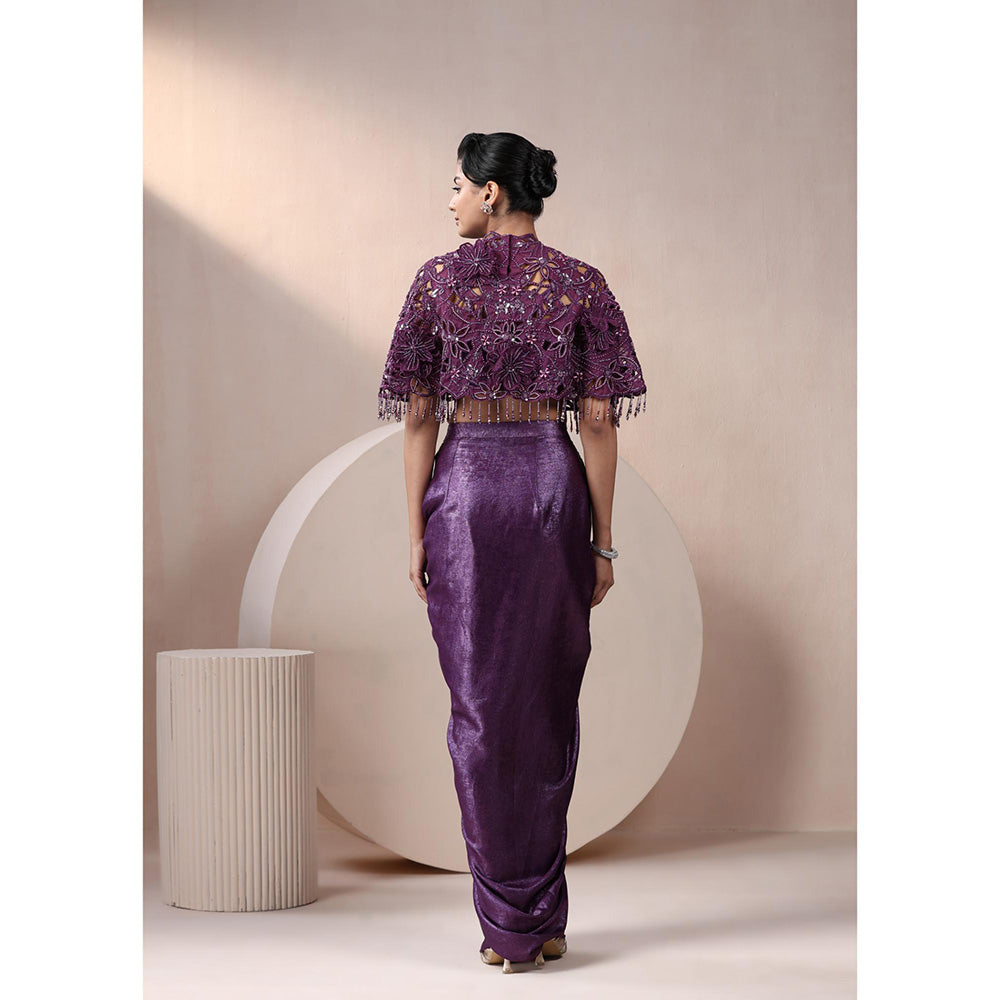 CHAASHNI BY MAANSI & KETAN Purple Indo Western Skirt with Crop Top and Cape (Set of 3)