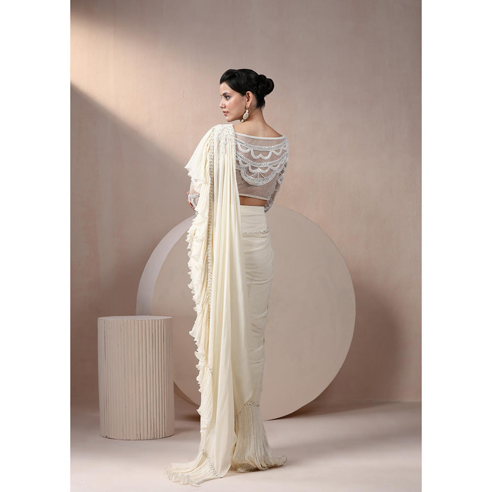 CHAASHNI BY MAANSI & KETAN Ivory Embroidered Georgette Saree with Stitched Blouse