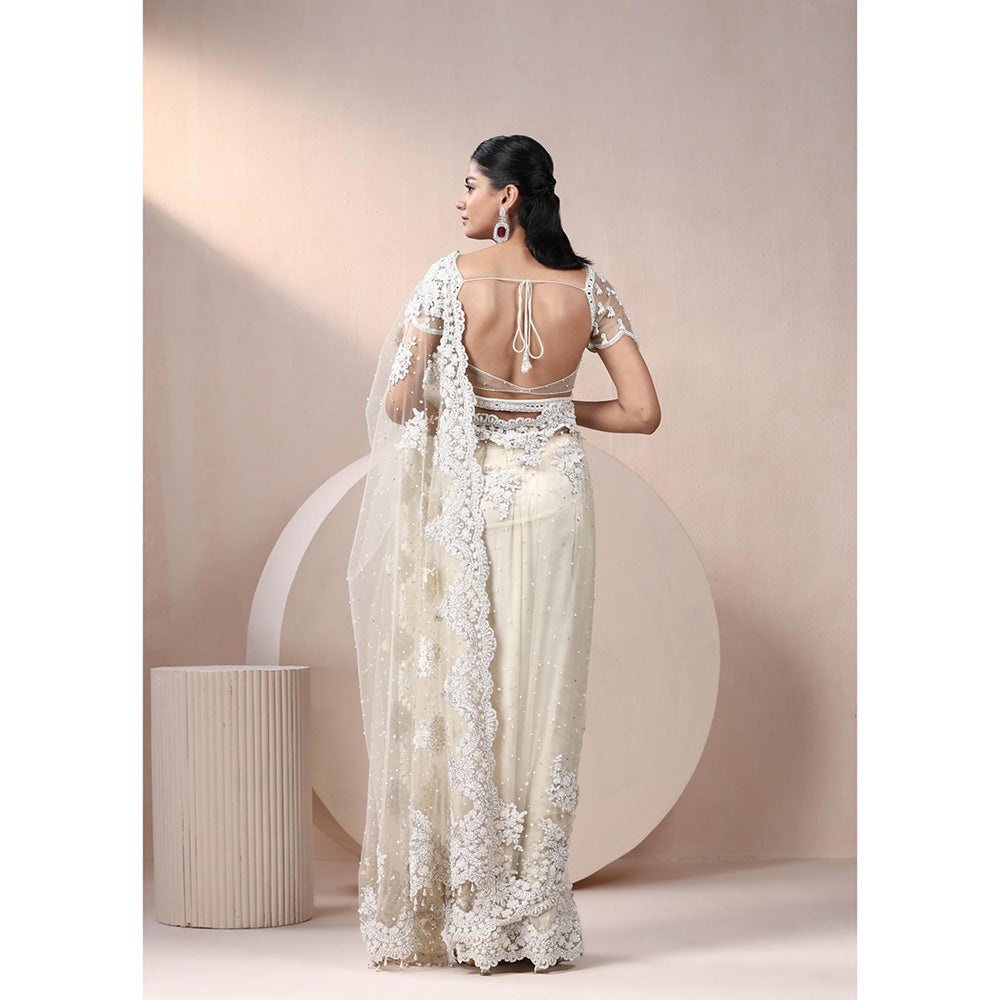 CHAASHNI BY MAANSI & KETAN Off White Embellished Net Saree with Stitched Blouse
