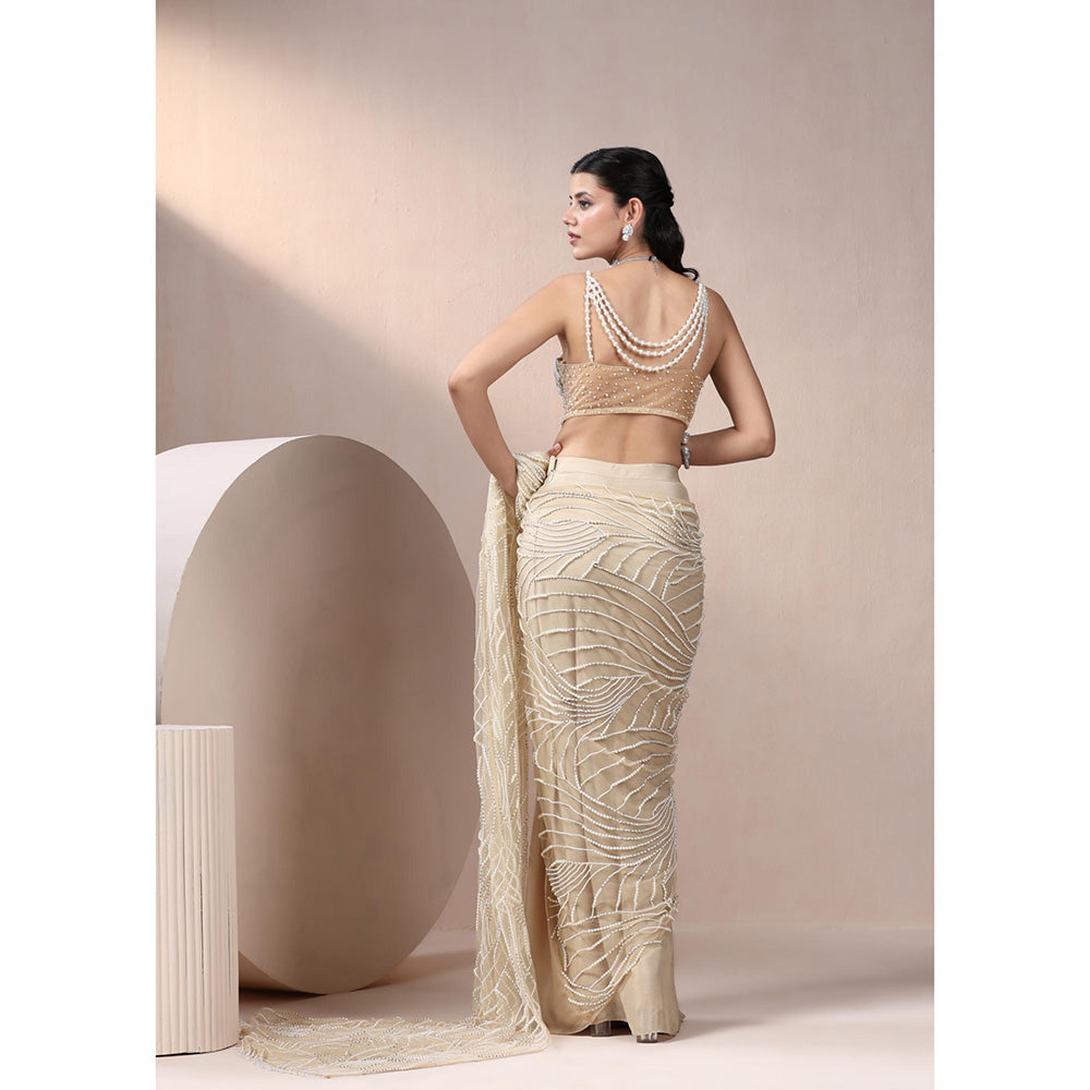 CHAASHNI BY MAANSI & KETAN Beige Chinnon Chiffon Saree with Stitched Blouse