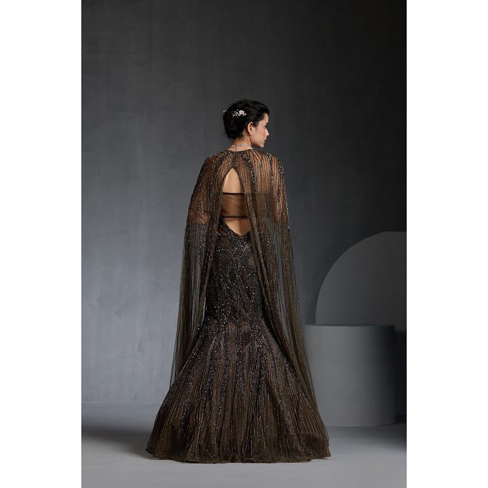 CHAASHNI BY MAANSI & KETAN Brown Sequins Embellished Net Gown with Cape (Set of 2)