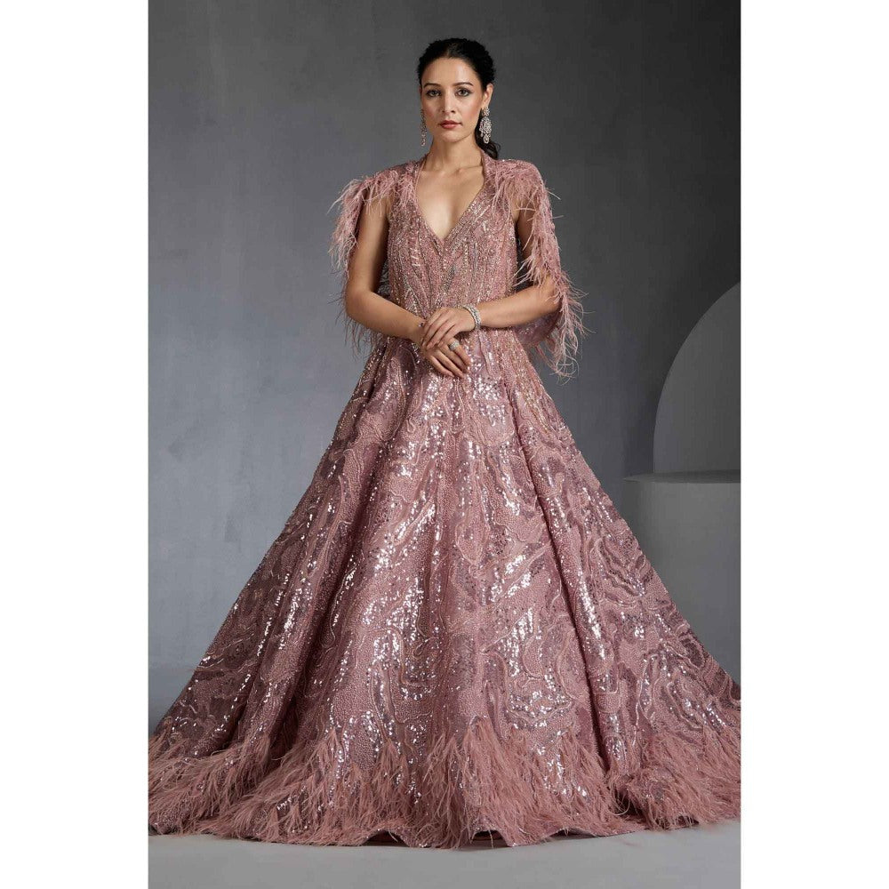 CHAASHNI BY MAANSI & KETAN Pink Sequins Embellished Net Gown with Cape (Set of 2)