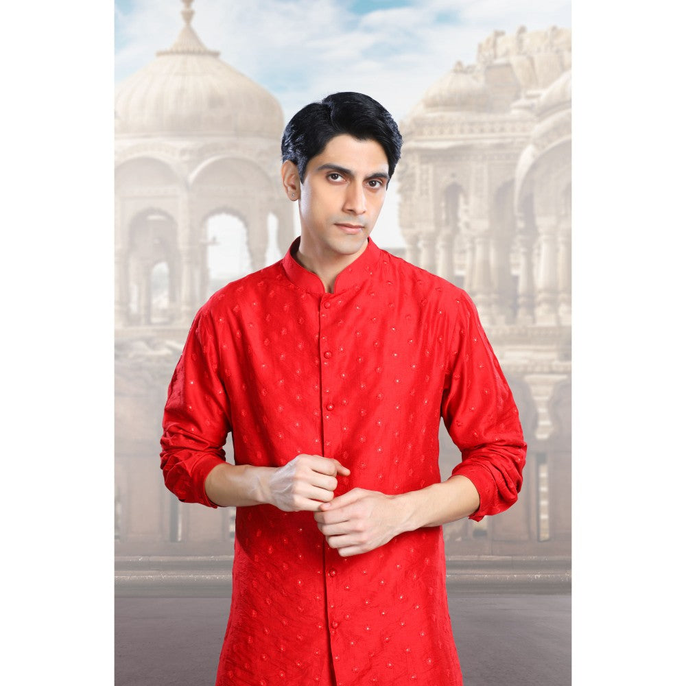 CHAR CHAAND Elegant Red Embroidery and Sequin Kurta with Salwar & Dupatta (Set of 3)