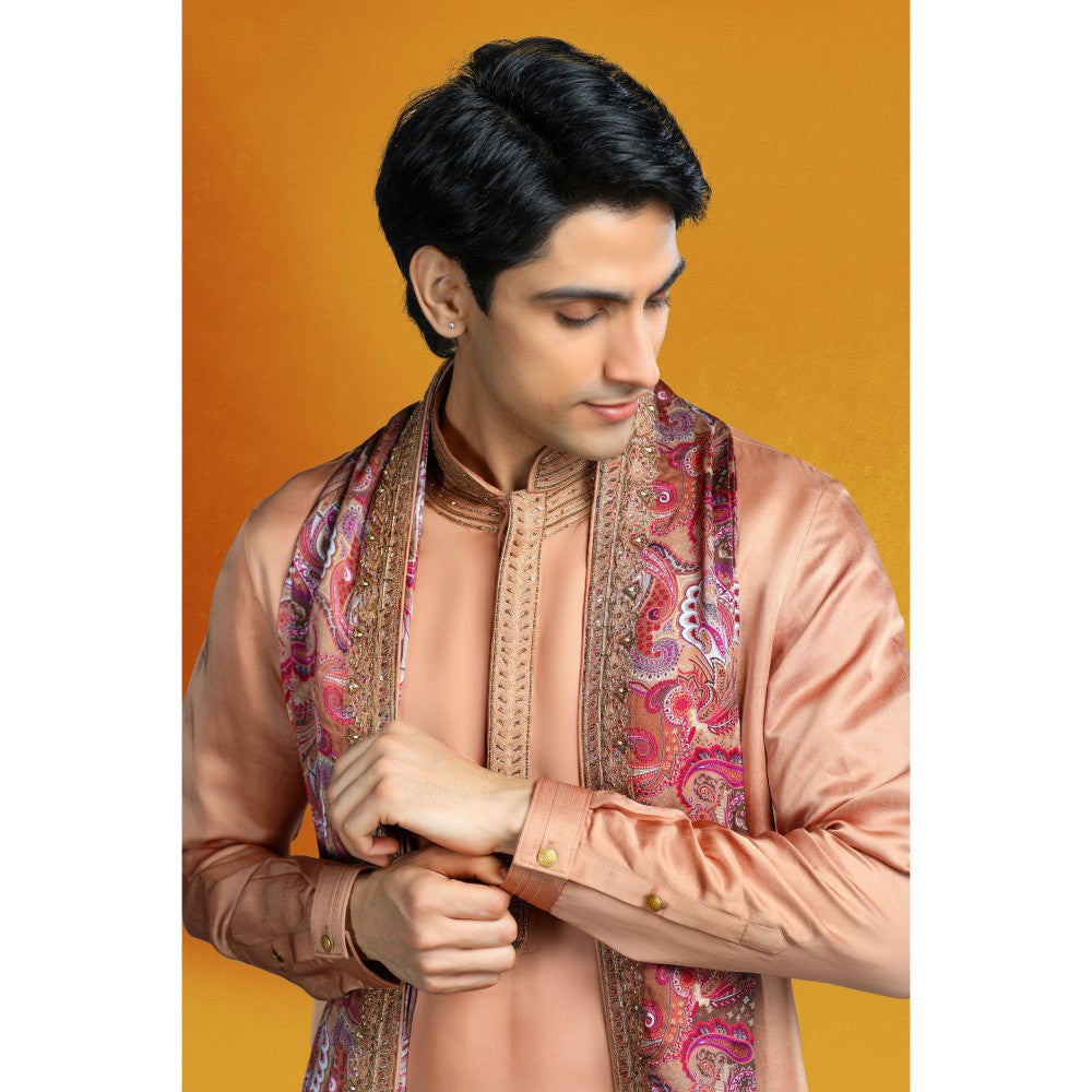 CHAR CHAAND Beige Brown Aari-Zardozi Embellished Kurta with Churidar & Dupatta (Set of 3)