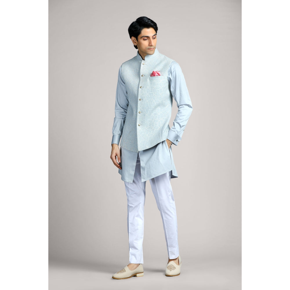 CHAR CHAAND Bluish Grey Soft Cotton with Patterned Layer Kurta with Pant & Bundi (Set of 3)