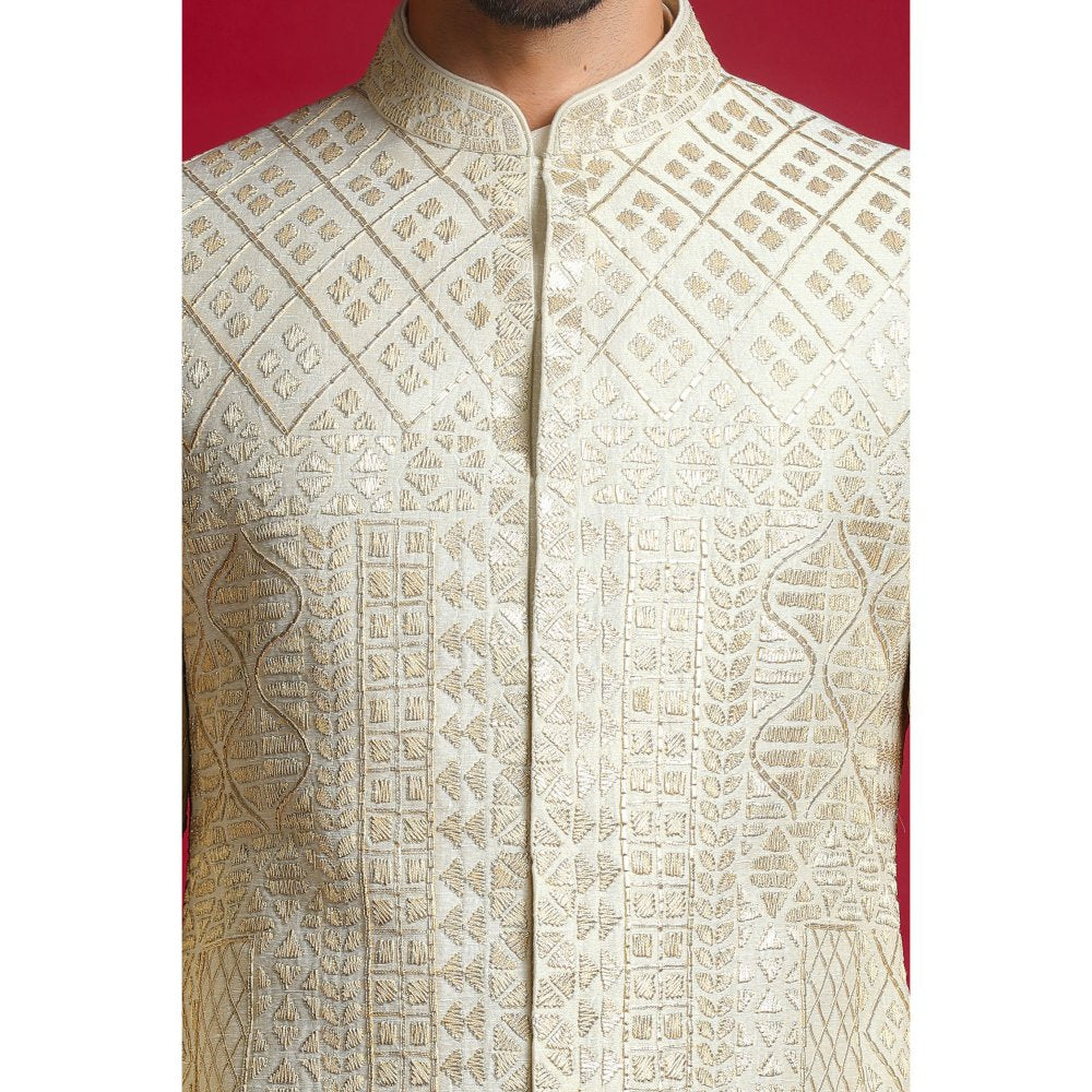 CHAR CHAAND Ivory Luxe Embroidery Kurta with Churidar and Sherwani with Dupatta (Set of 4)