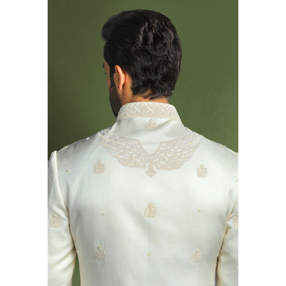 CHAR CHAAND Ivory Glass Embroidered Kurta with Churidar and Sherwani with Dupatta (Set of 4)
