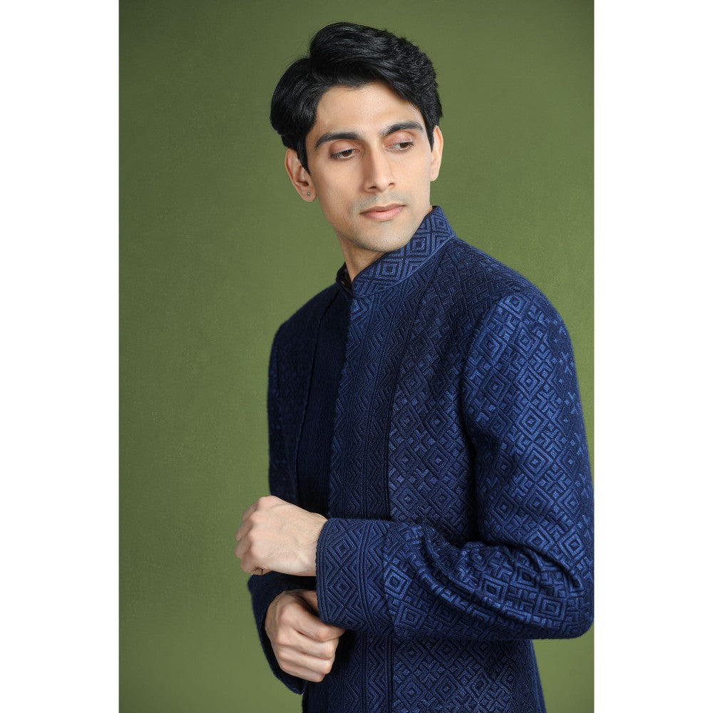 CHAR CHAAND Enchanted Ivory Floral Kurta with Churidar and Sherwani with Dupatta (Set of 4)