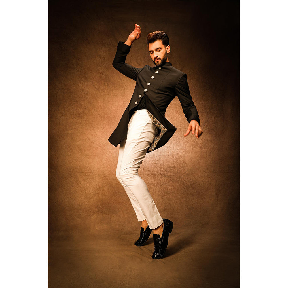 CHAR CHAAND Obsidian Black Achkan Bandhgala