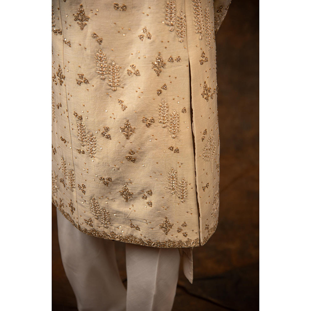 CHAR CHAAND Enchanted Ivory Floral Beaded Sherwani with Kurta and Churidar with Stole