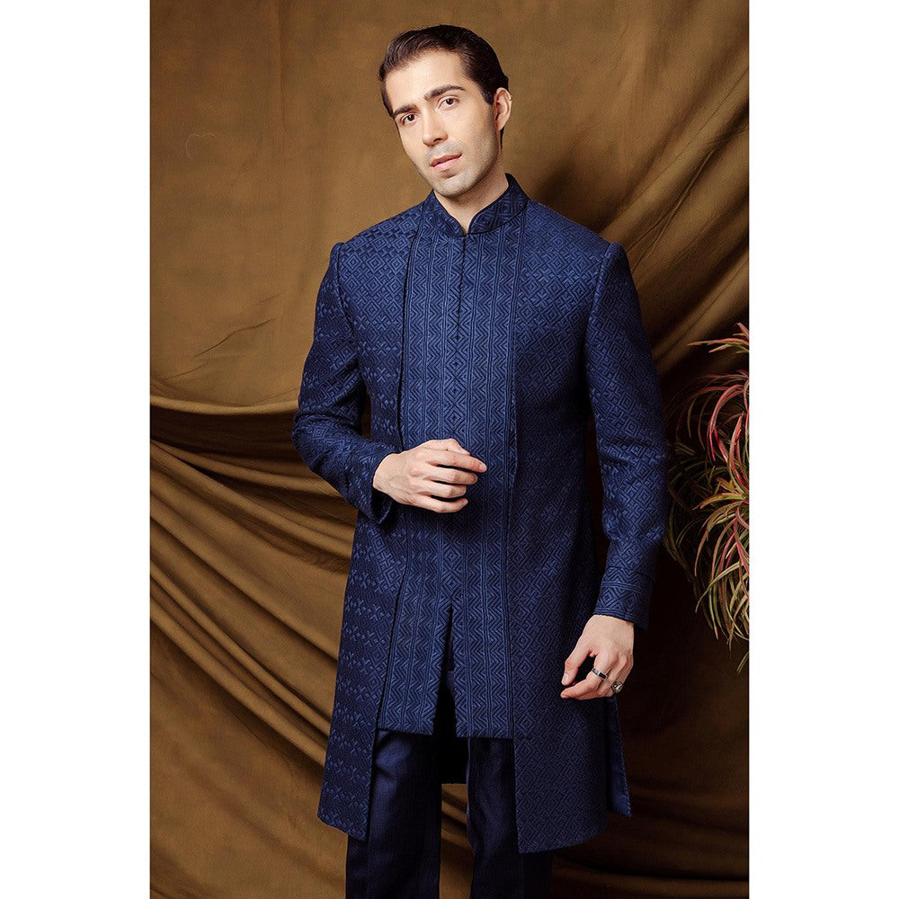CHAR CHAAND Blue Geometric Embroidered Sherwani with Churidar