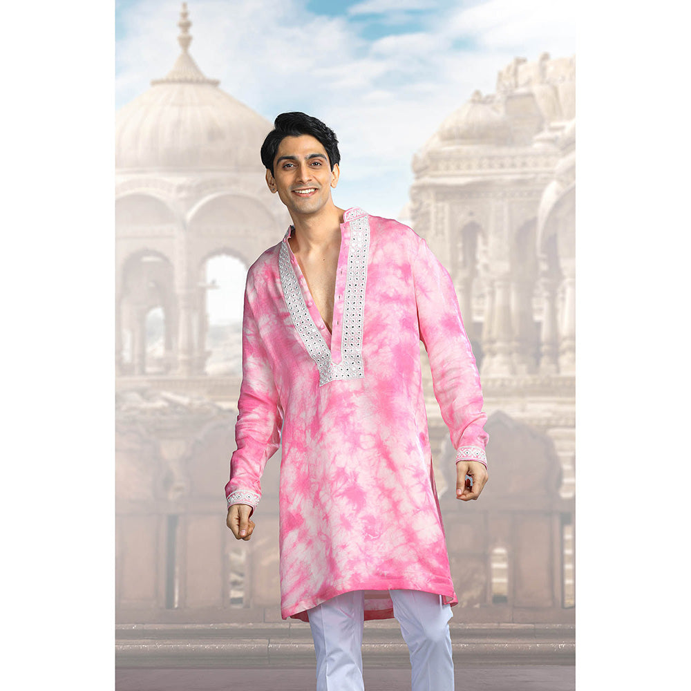 CHAR CHAAND Pink Rose Silk Embroidered Kurta