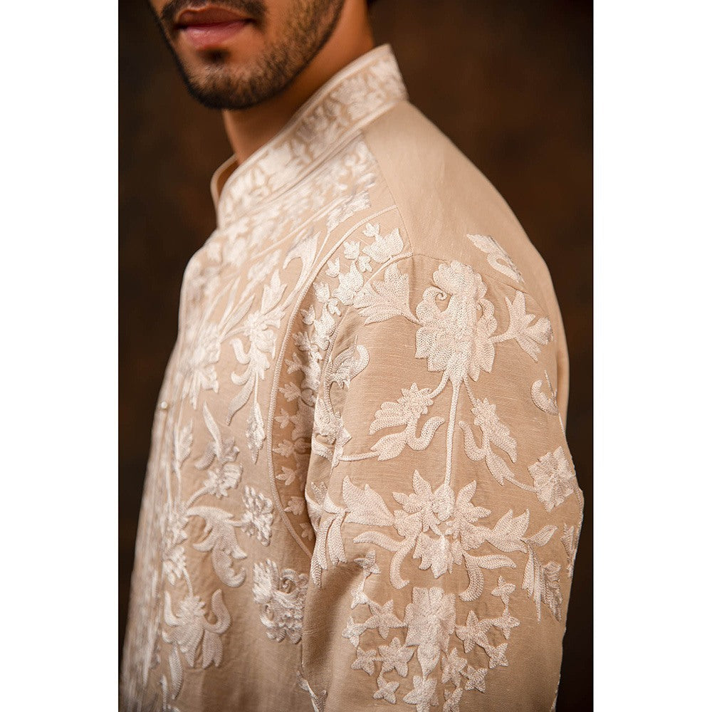CHAR CHAAND Beige Bloom Linen Silk Kurta for Men