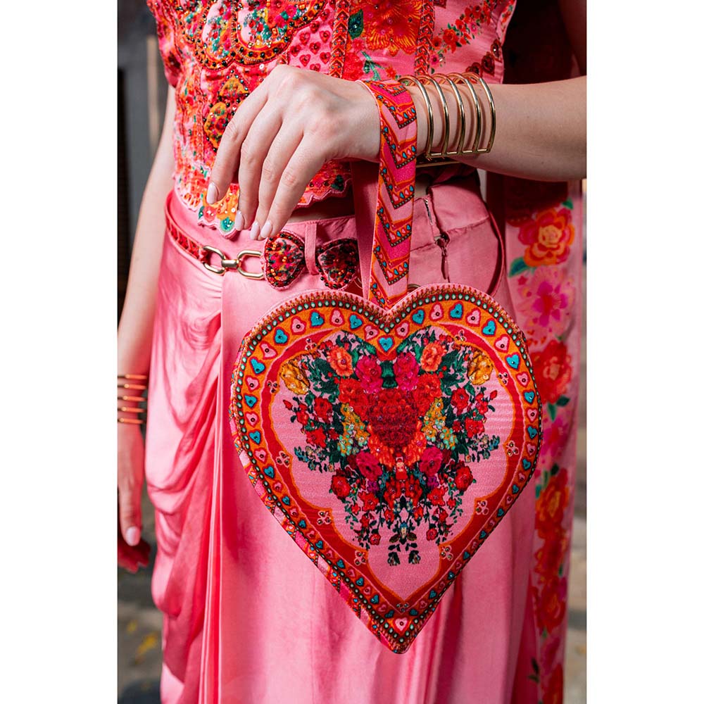 CHAR CHAAND Women Satin Printed Pink Top with Skirt and Dupatta Potli Bag