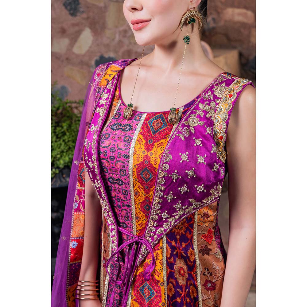 CHAR CHAAND Women Satin Printed Multi-Color Anarkali Dress with Dupatta