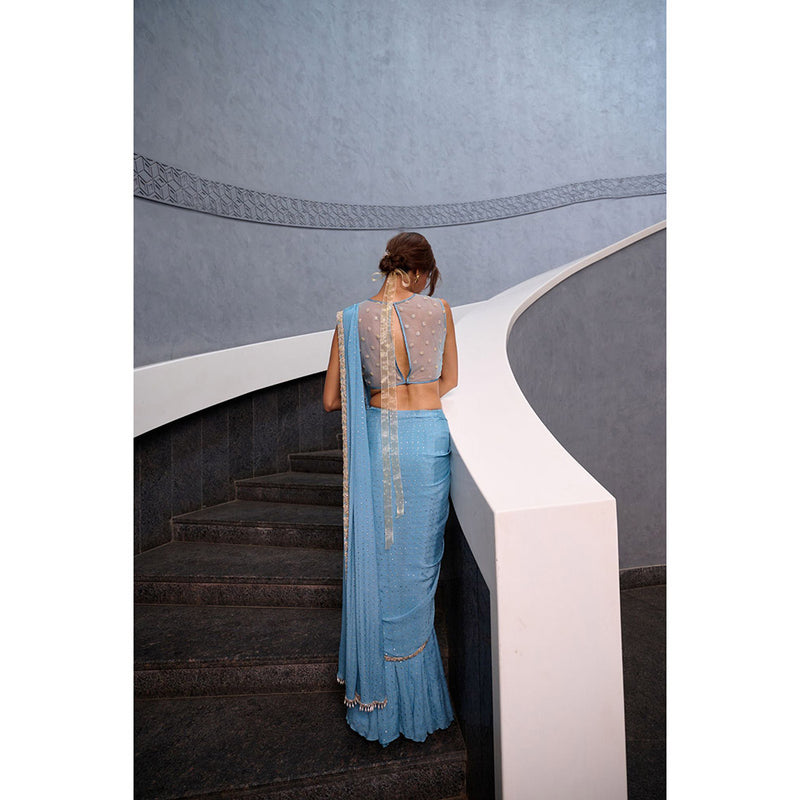 Chamee and Palak Blue Naz Pre-Draped Saree with Stitched Blouse