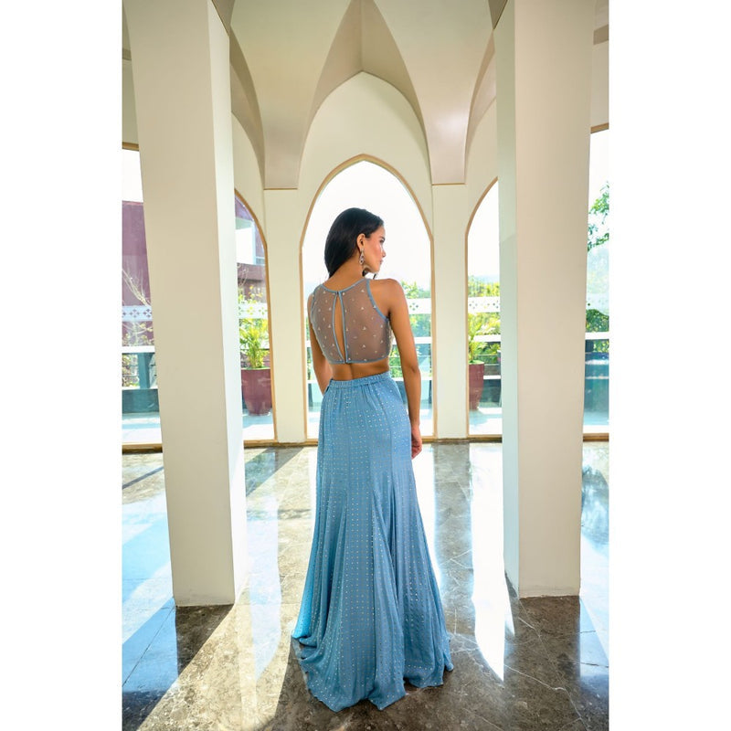 Chamee and Palak Blue Eva Lehenga with Blouse and Dupatta (Set of 3)