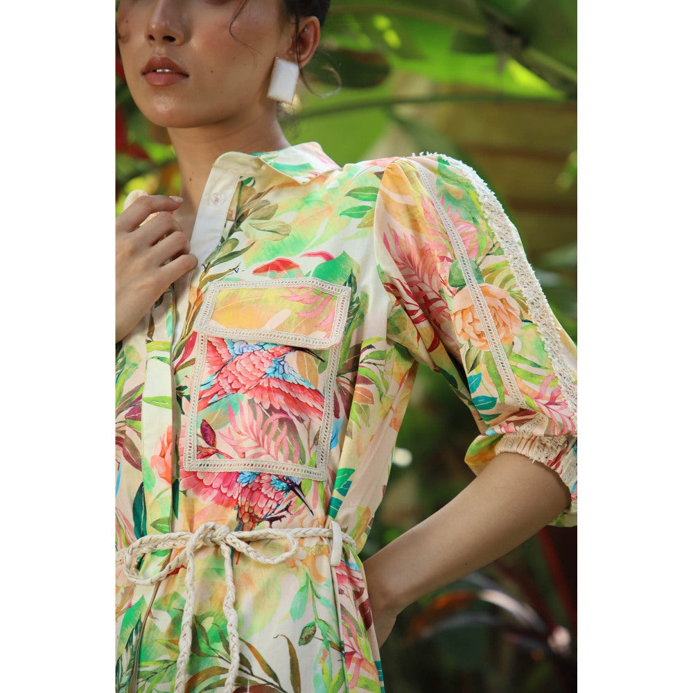 September Spring Gardenia Tropical Print Midi Dress with Belt (Set of 2)
