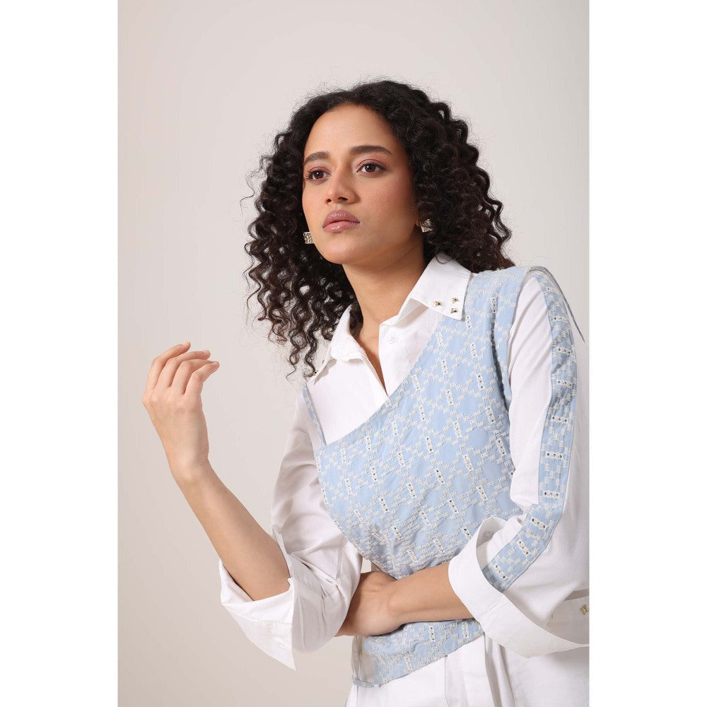 September Spring Crochet Denim Bib Shirt Dress - Multi-Color